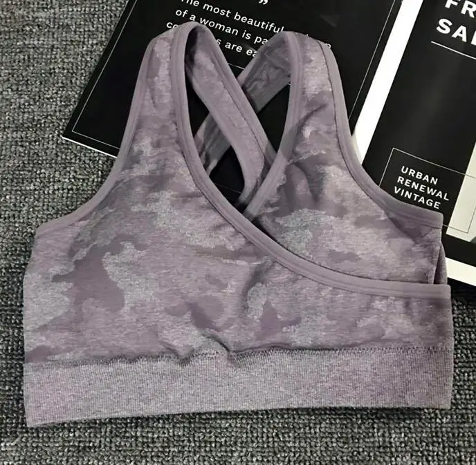 purple bra Камуфляжный комплект для йоги, женские бесшовные камуфляжные Топы/штаны, спортивный бюстгальтер для фитнеса, леггинсы для спортзала с высокой талией, камуфляжные костюмы для фитнеса, комплекты для тренировок - Цвет: purple bra