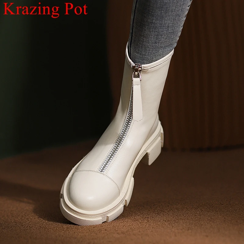 

Krazing Pot comfortable cow leather med heels classics Chelsea boots warm winter shoes elegant platform front zipper ankle boots