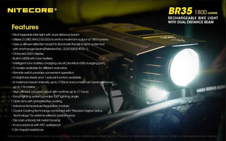 Nitecore BR35 1800 люмен 2xcree XM-L2 U2 встроенный 6800 мА/ч Батарея пакет двойной расстояние