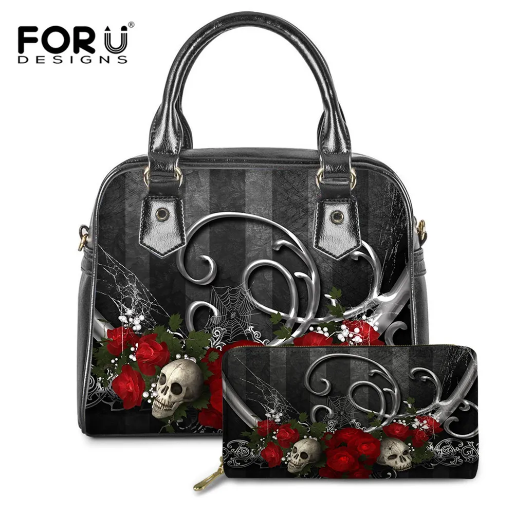 

FORUDESIGNS Gothic Skulls Pattern Ladies Handbags Casual PU Leather Women 2pcs/set Crossbody Shoulder Bags Woman bolso de mujer
