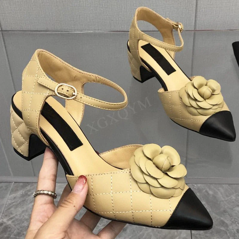 

New Women's Pumps Luxury Genuine Leather High Heels French Style Pointed Toe Ankle Strap Sandals Thick Heels Elegant Ladies Shoe