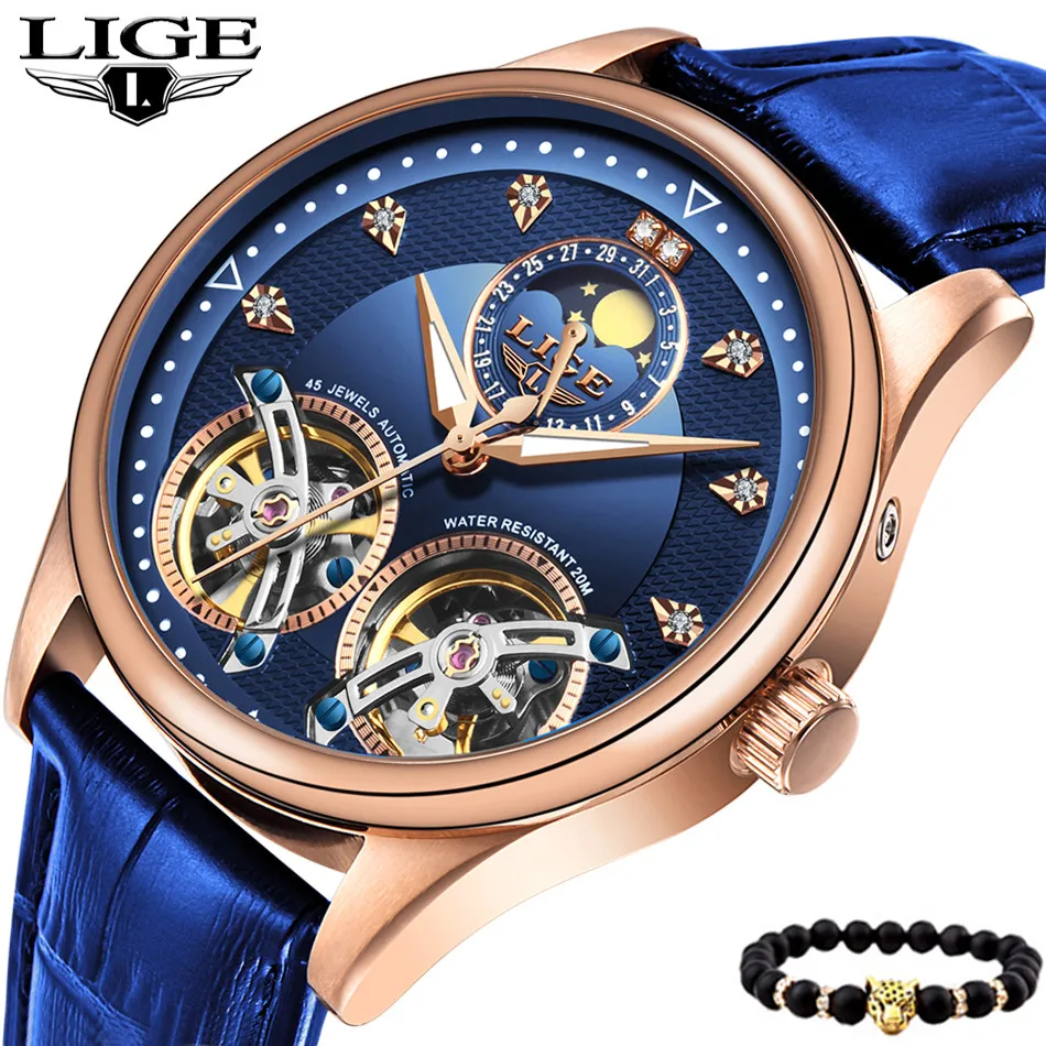 Часы наручные LIGE Мужские автоматические брендовые механические Спортивные