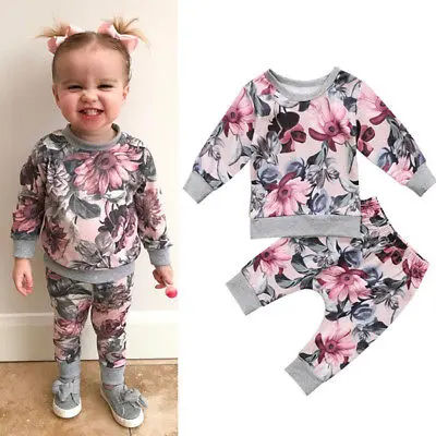 

2020 Autumn Baby Girls Clothing Set Newborn Kids Long Sleeve Round Collar Floral Print Top + Elastic Waistband Trousers 0-24M