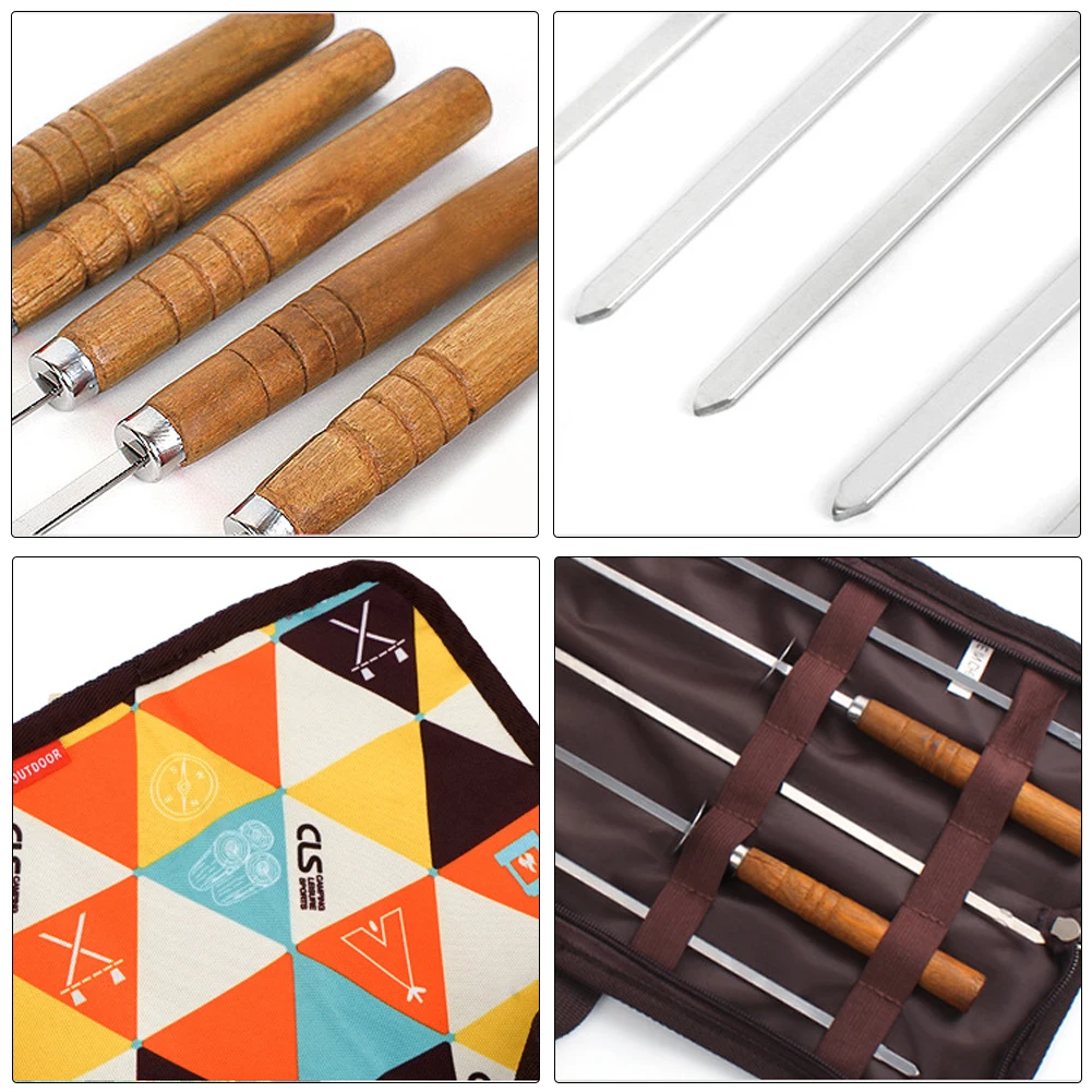 5pcs BBQ Skewer Stainless Steel Shish Kebab Fork Set Long Flat Wood Handle Barbecue Needle Meat Grill Outdoor Tools | Дом и сад