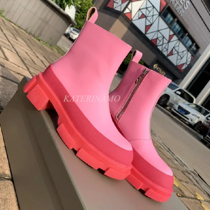 

Luxury Brand Real Leather Women Ankle Boots Slip On Round Toe Platform Pink Ladies Chunky Heel Non-slip Solid Female Boots Shoes
