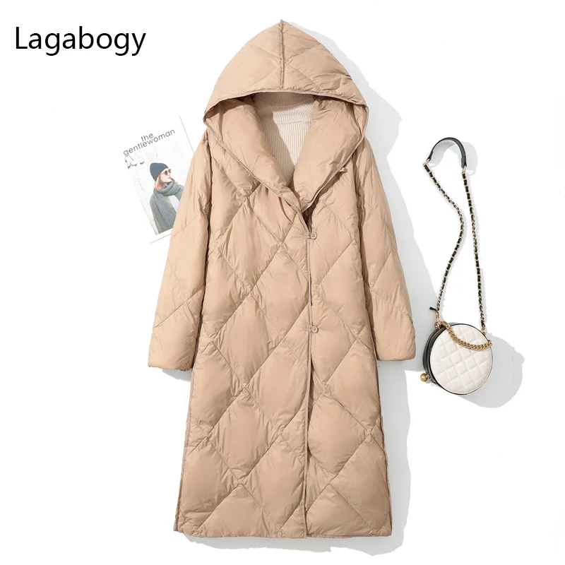 Lagabogy 2021 Winter Women's Ultra Light 90% White Duck Down Coat Hooded Warm Long Parkas Female Loose Windproof Puffer Jackets