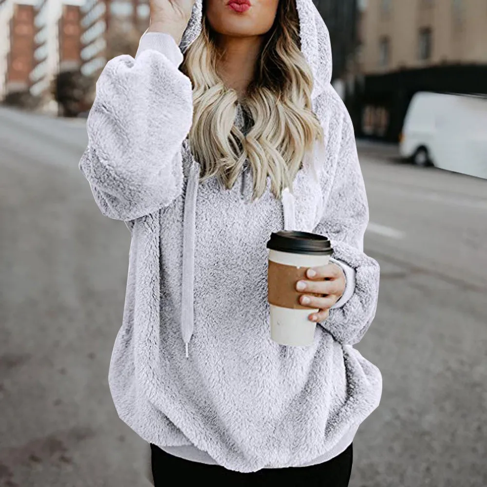 Warm Wool Coat Women Hooded Sweatshirt Winter Zipper Pockets Cotton Outwear Plush Casual Long Sleeve Hoodies sudaderas | Женская одежда