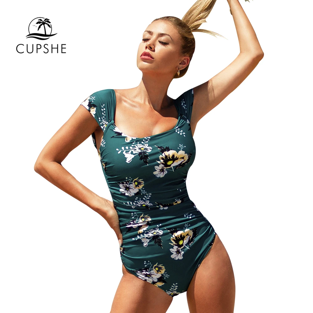 CUPSHE зеленый гофрированный цветочный Цельный купальник сексуальный с открытой