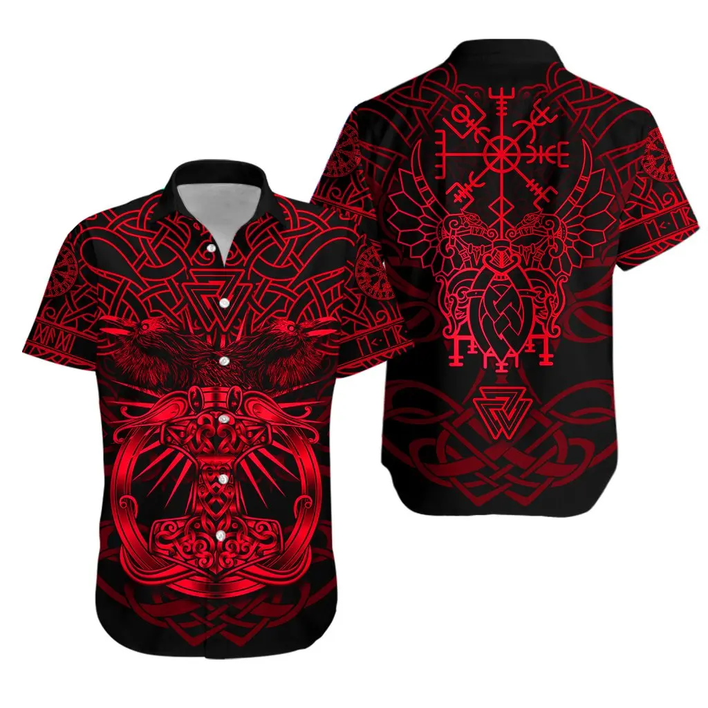 2021 Summer Fashion Short sleeve Shirts Viking Mjolnir Raven Red 3D Printed Hawaiian Shirt Mens Harajuku Casual Shirt