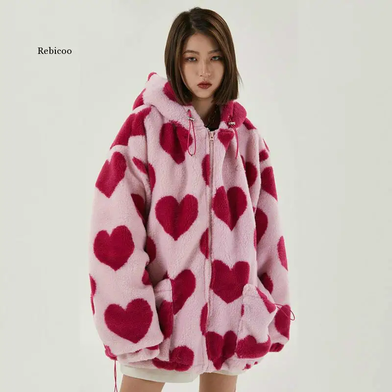 

Harajuku Heart Full Print Plush Jacket Women's Winter Korean Large Size Long Sleeve Hooded Cotton Coat 5A956
