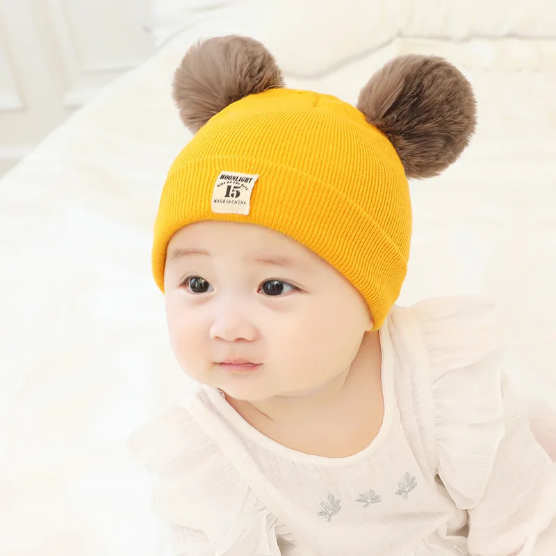 

Baby Hat Newborn Girls Boys Winter Warm Knit Hat with 0-12M Baby Pompom Furry Balls Caps Cotton Baby Hat