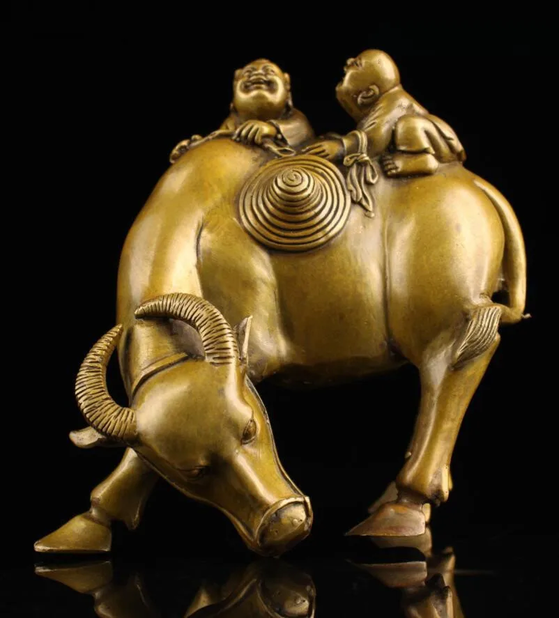 

Archaize латунь пастух мальчик езда корова ремесла статуя