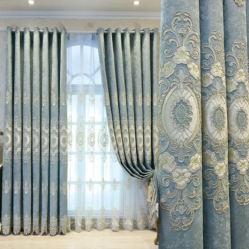 European Style Curtains for Living Room Bedroom Light Luxury Embroidered Chenille Curtain Door Window Drapes Blue Color