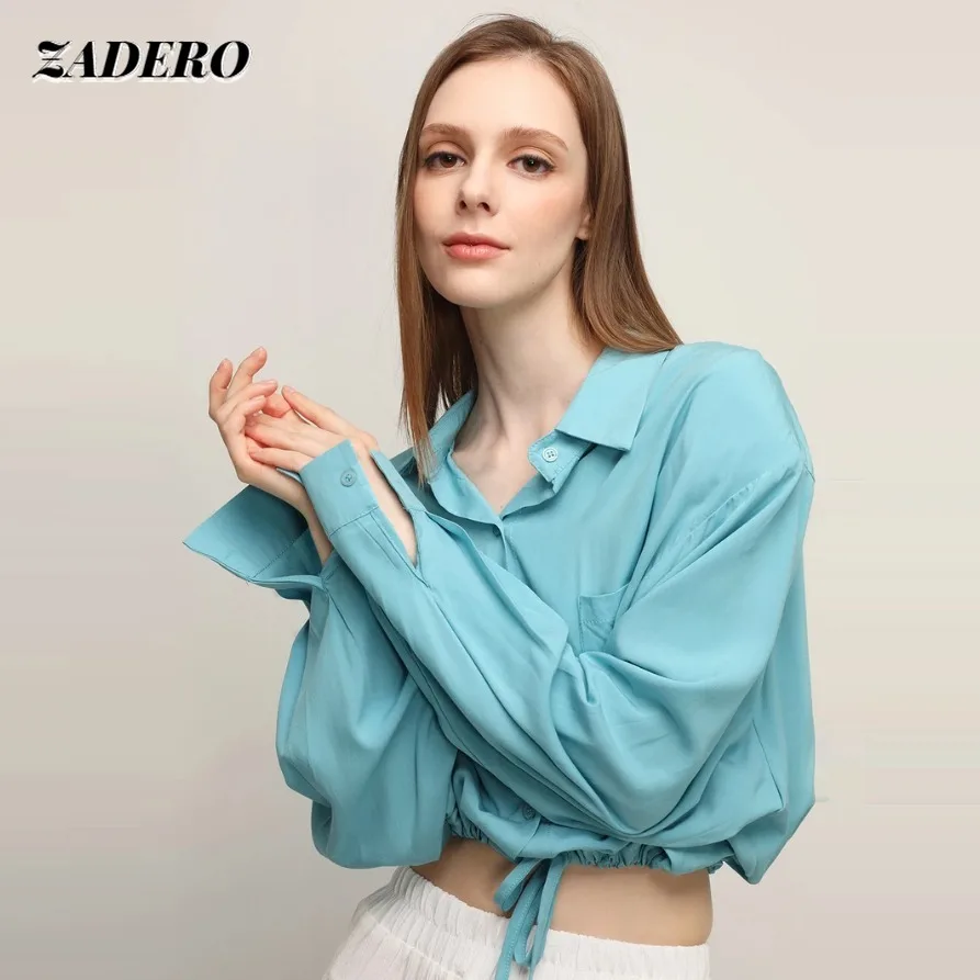 

Fashion Back Hollow Lace-up Blouse Women 2021Fall New Sexy Long Sleeve Turn Down Collar Loose Cardigan Solid Color Casual Office