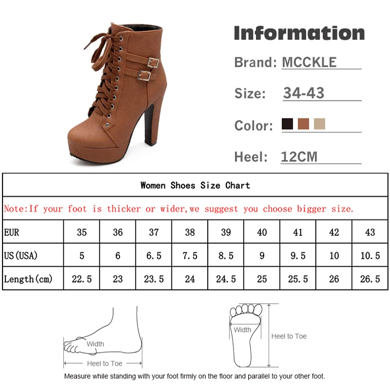 

MCCKLE Spring Women Ankle Boots Ladies High Heels Lace Up Shoes Woman Buckle Platform Short Boots Plus Size Mujer Botas