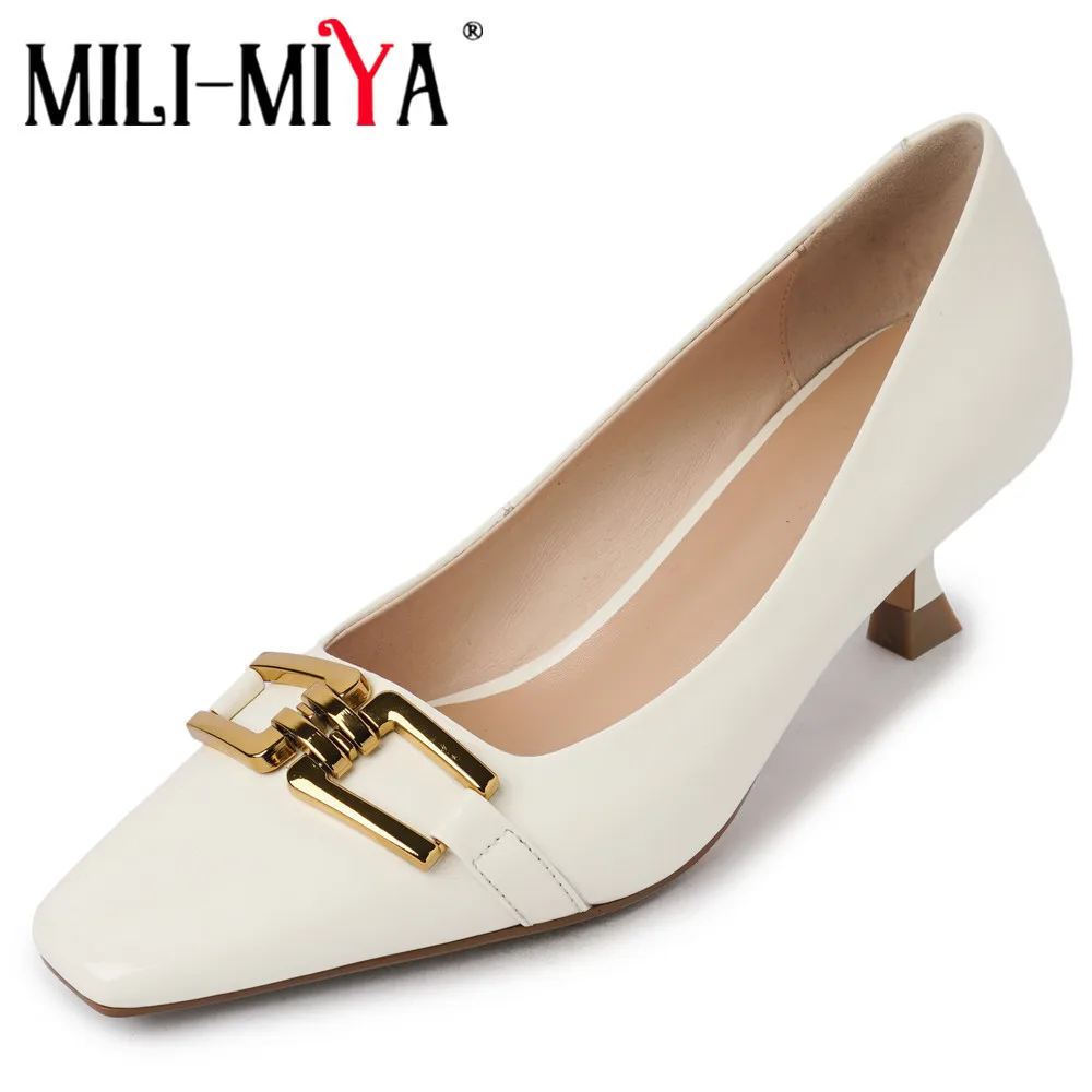 

MILI-MIYA Women High Heels Banquet Small Square Toe Metal Decoration Pumps Slip-On Elegant Patent Leather Shallow Dress Shoes