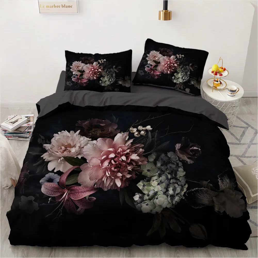 

3D Flower Bedding Sets Black Duvet Quilt Cover Set Luxury Comforter Bed Linen Pillowcase King Queen Design Bed Comforters