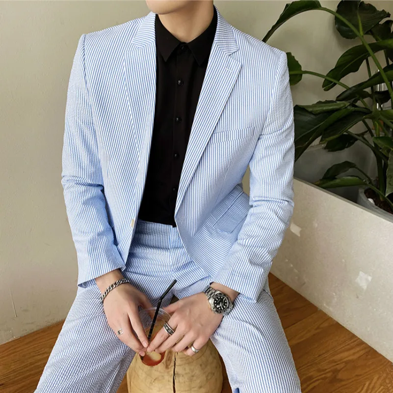 Костюм мужской в синюю полоску облегающий деловой костюм для жениха комплект из 2