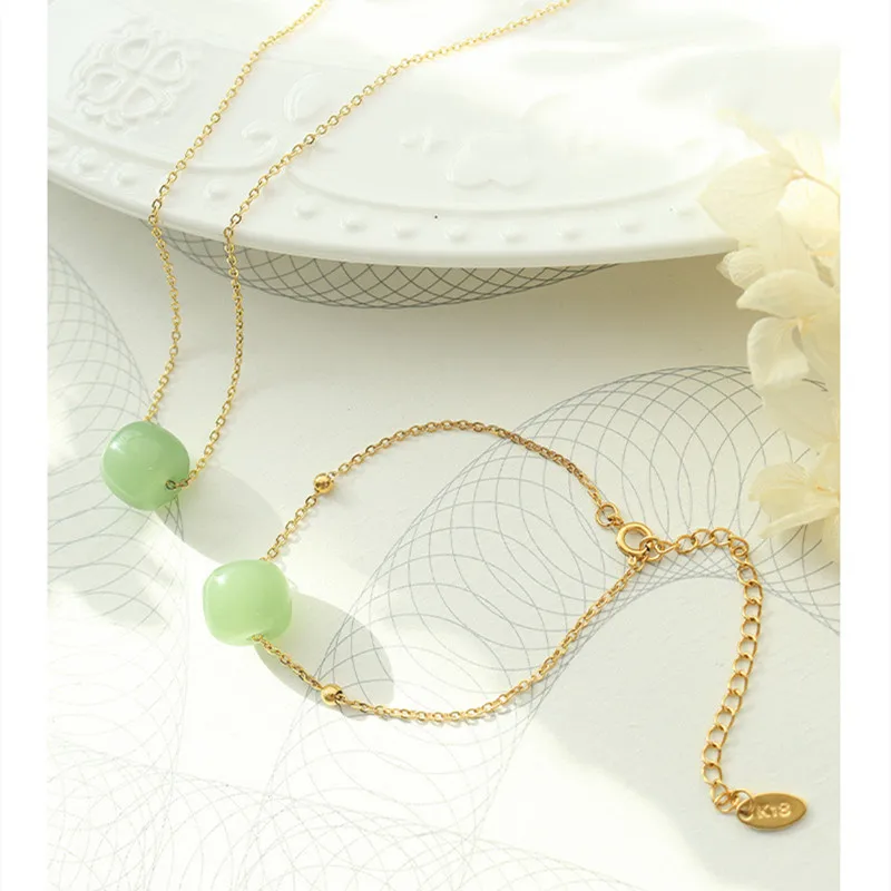 Vintage Green Stone Pendant Necklace Women Neck Chain Jewelry Gold Color Stainless Steel Necklaces Woman Bracelet Accessories | Украшения и