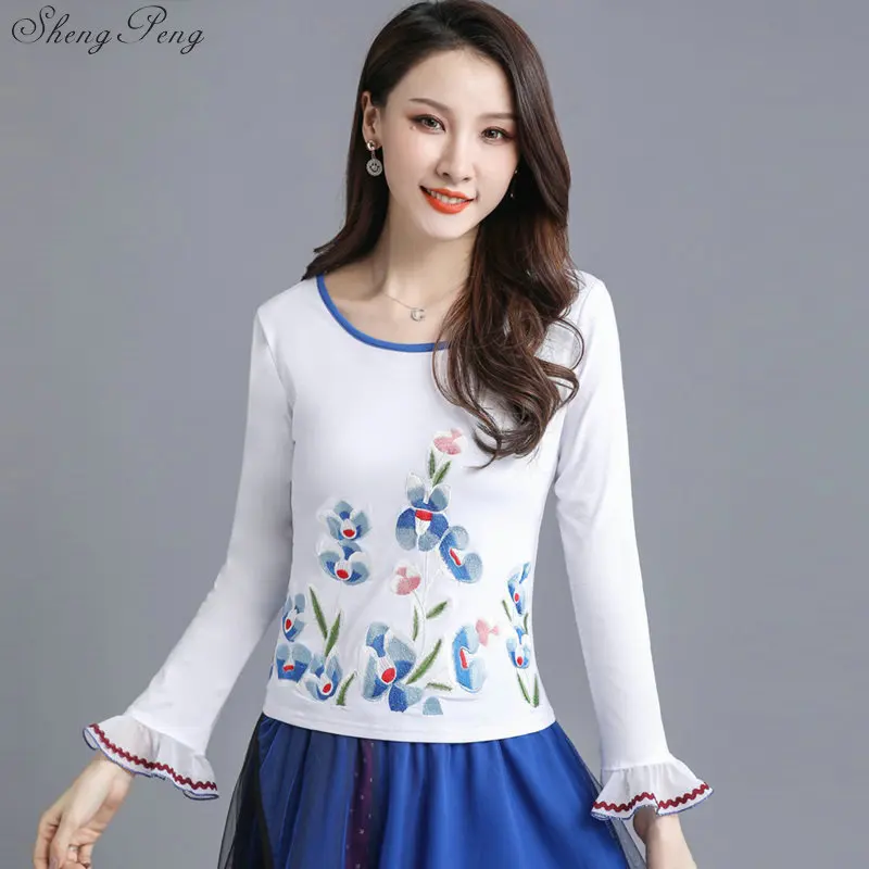 Весна Осень женская футболка Вышивка 2019 Blusas длинный рукав 5XL плюс Размер
