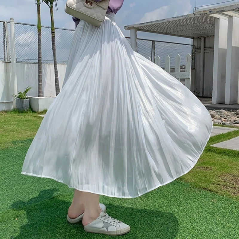 

Girl Plus Size Skirt Summer New Korean Elastic Waist Water Wave Luminous Cuprammonuium Smooth All-match Mid-length