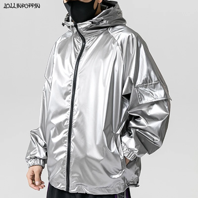 Мужская Блестящая Серебристая куртка с капюшоном в японском стиле уличная
