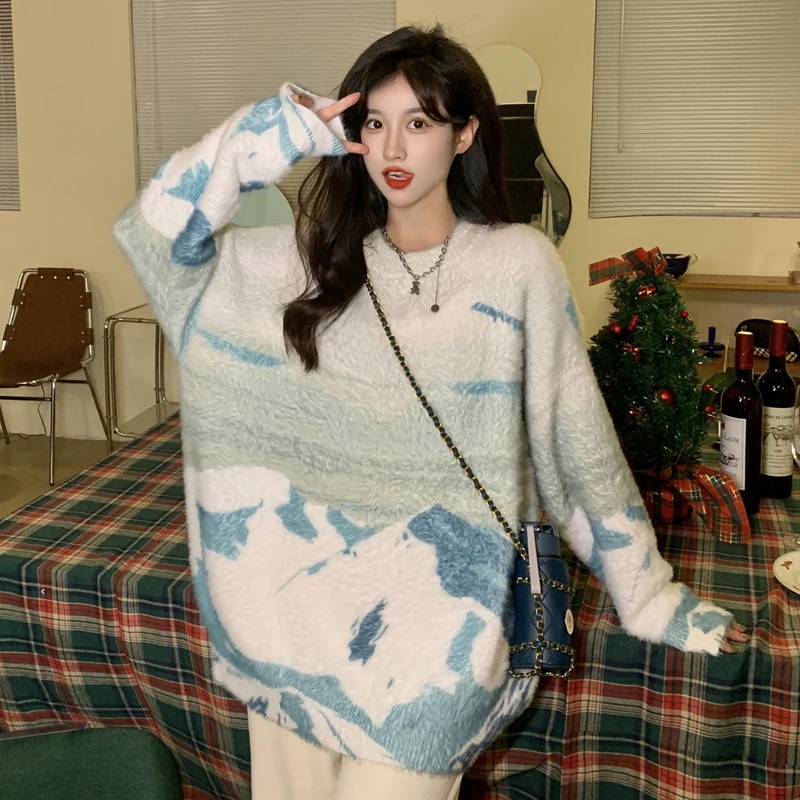 

Woman Sweaters 2021 New Korean Fashion Elegant Wild O Neck Tie-dye Printing Design Loose Plus Velvet Thick Knit Pullover Sweater