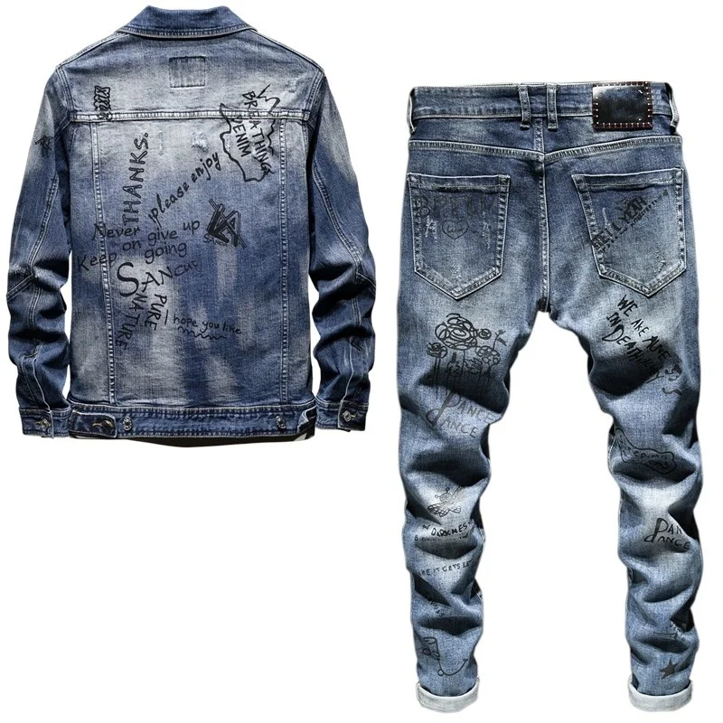 Slim Fashion Fit Graffiti Denim Jacket Coat Men Distressed Skinny Jeans Pants Personality Motorcycle Mens Denim Two Piece Set