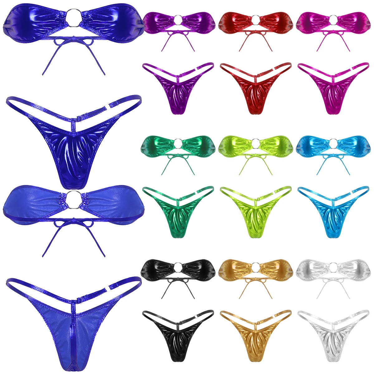 

2Pcs Womens Swimwear Sexy Shiny Metallic Lingerie Strapless Tie Back Mini Bra Top G-String Thong Bikini Set for Women Swimsuits