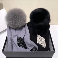 2022 real fox fur ball wool knit hats winter hat cap for women girl warm fur pom poms ski hat fur pompoms hat