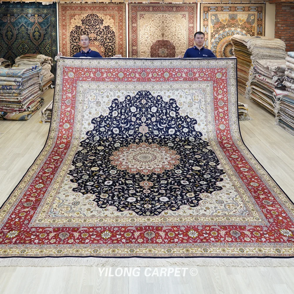 

Yilong 9.6'x12' Vantage Persian Silk Rug Large Antique Dark Blue Hand Knotted Silk Carpet (YL0925A)
