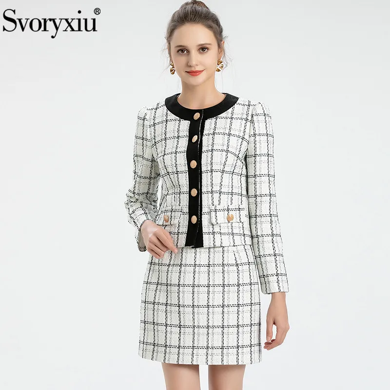 

Svoryxiu Fashion Autumn Women Mini Skirt Suit O-Neck Long Sleeve Coat + High Waist Short Skirt Plaid Printing Slim 2-Piece Set