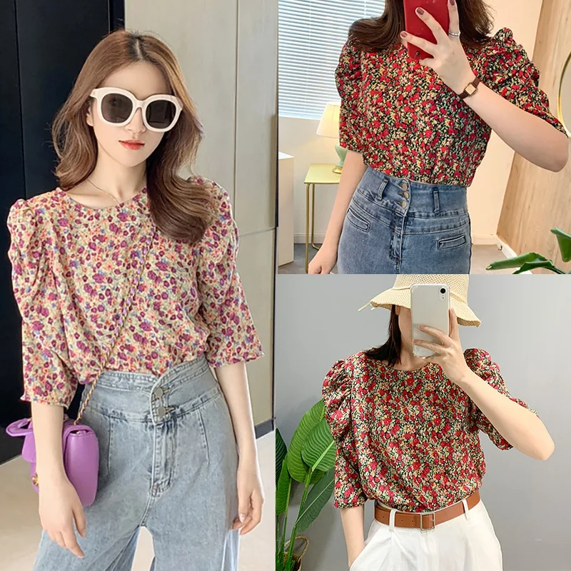 

Ladies Summer Bubble Sleeve Floral Floral Seven-Point Sleeve Chiffon Top One Size 3/4 sleeve blouses fashion sweet straps Hot