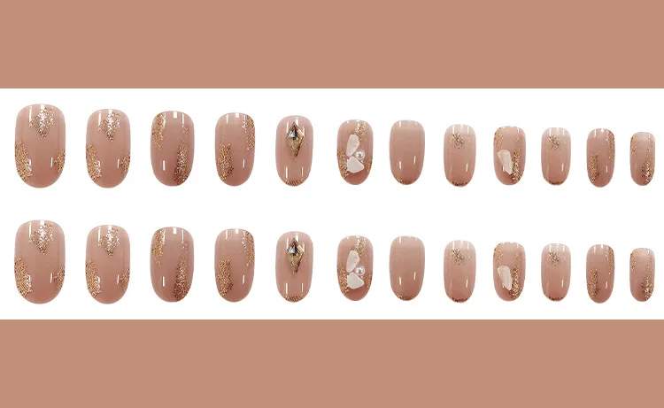 

24pcs Shells Inlaid Nail Patch Nude Color Glue Type Removable Mid Length Paragraph Fashion Manicure False Nail Patch Nail Art