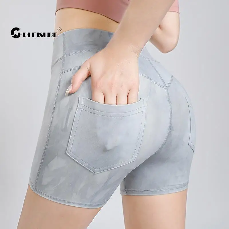 

CHRLEISURE Tie Dye женские шорты с карманом, сексуальные, персиковые, бедра, высокая талия, бедра, эластичность, для тренировок, для бега, быстросохну...