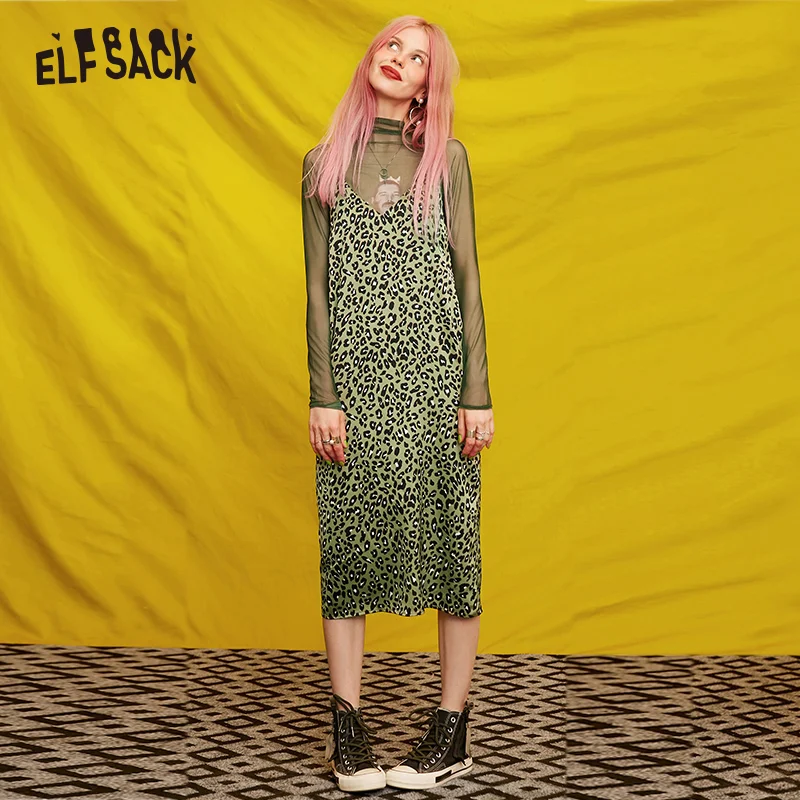 ELFSACK Сексуальные Зеленые леопардовые женские платья осень 2019 винтажное женское