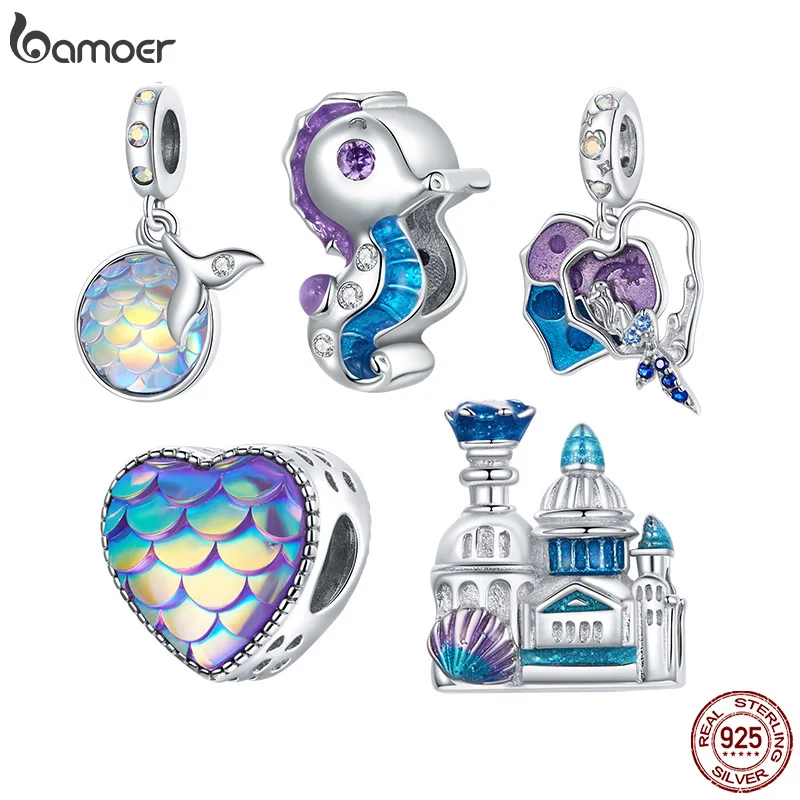 

bamoer 925 Sterling Silver Enamel Marine Life Charm Mermaid Sea Horse Fishtail Scale Shell Heart Scaly Bead Castle Charm BSC428