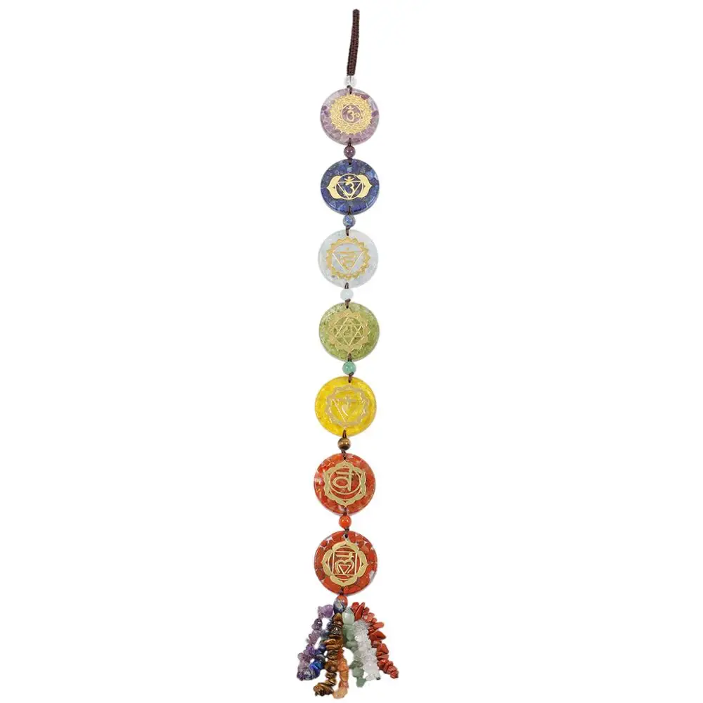 

TUMBEELLUWA Round Resin 7 Chakra Chips Stone Reiki Symbols Hanging Ornament Healing Crystal Tassels Wall Decor Home Garden Decor
