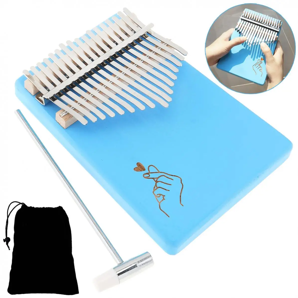 Пианино для большого пальца 17 клавиш Kalimba синий палец сердце узор твердая