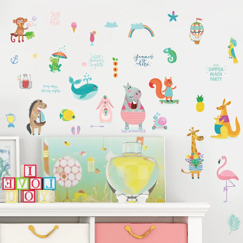 Летние пляжные Мультяшные животные воздушные шары обезьяны настенные наклейки