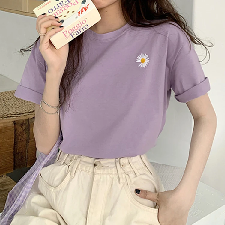 

New korean Flowers embroidery Women T-shirt 2021 Summer Short Sleeve Simple Tee shirt Femme Casual Loose t shirt Camisetas Mujer