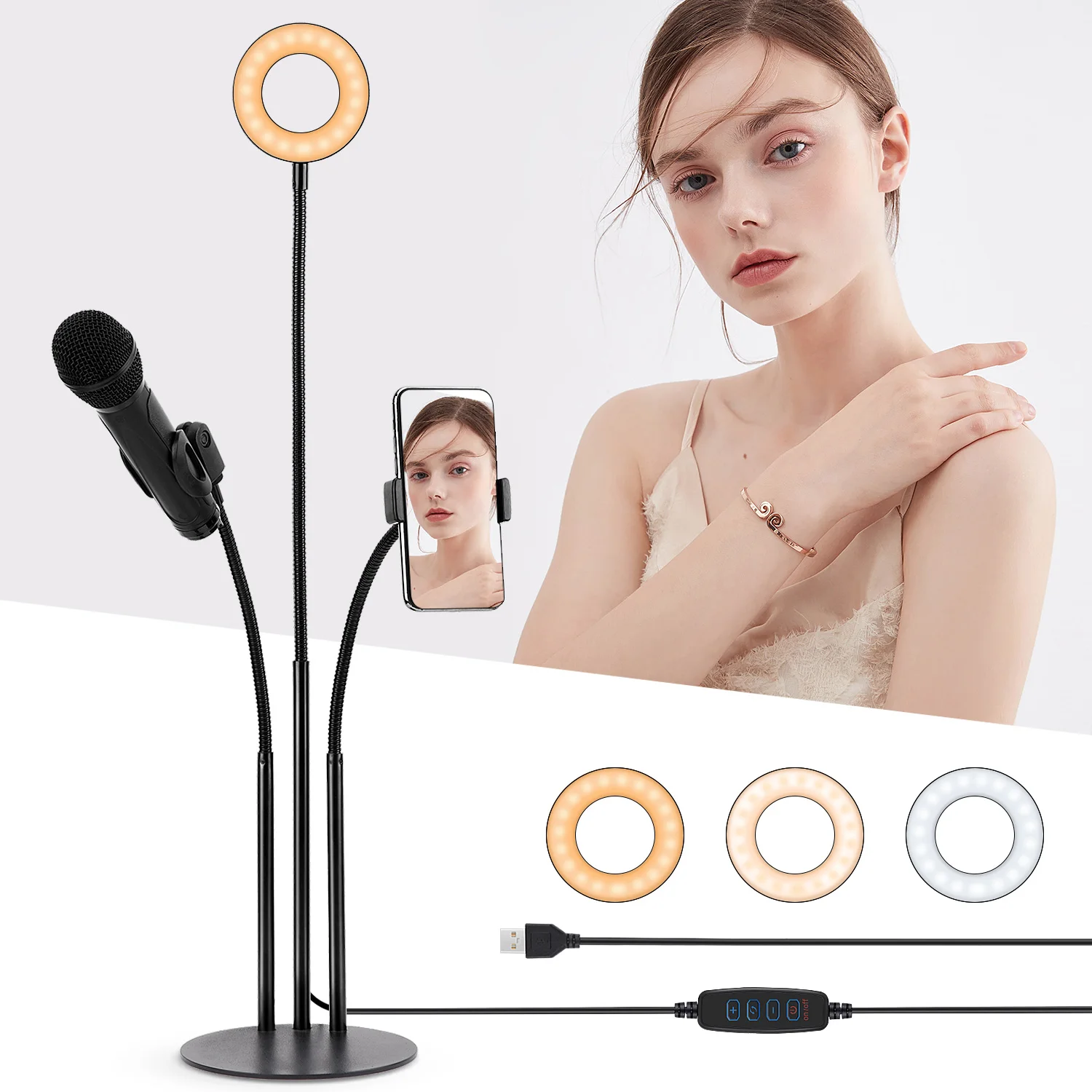

3 in 1 3.5inch LED Ring Light USB Dimmable LED Selfie Ring Light with Phone Holder Micophone Holder For Makeup Video Live Studio