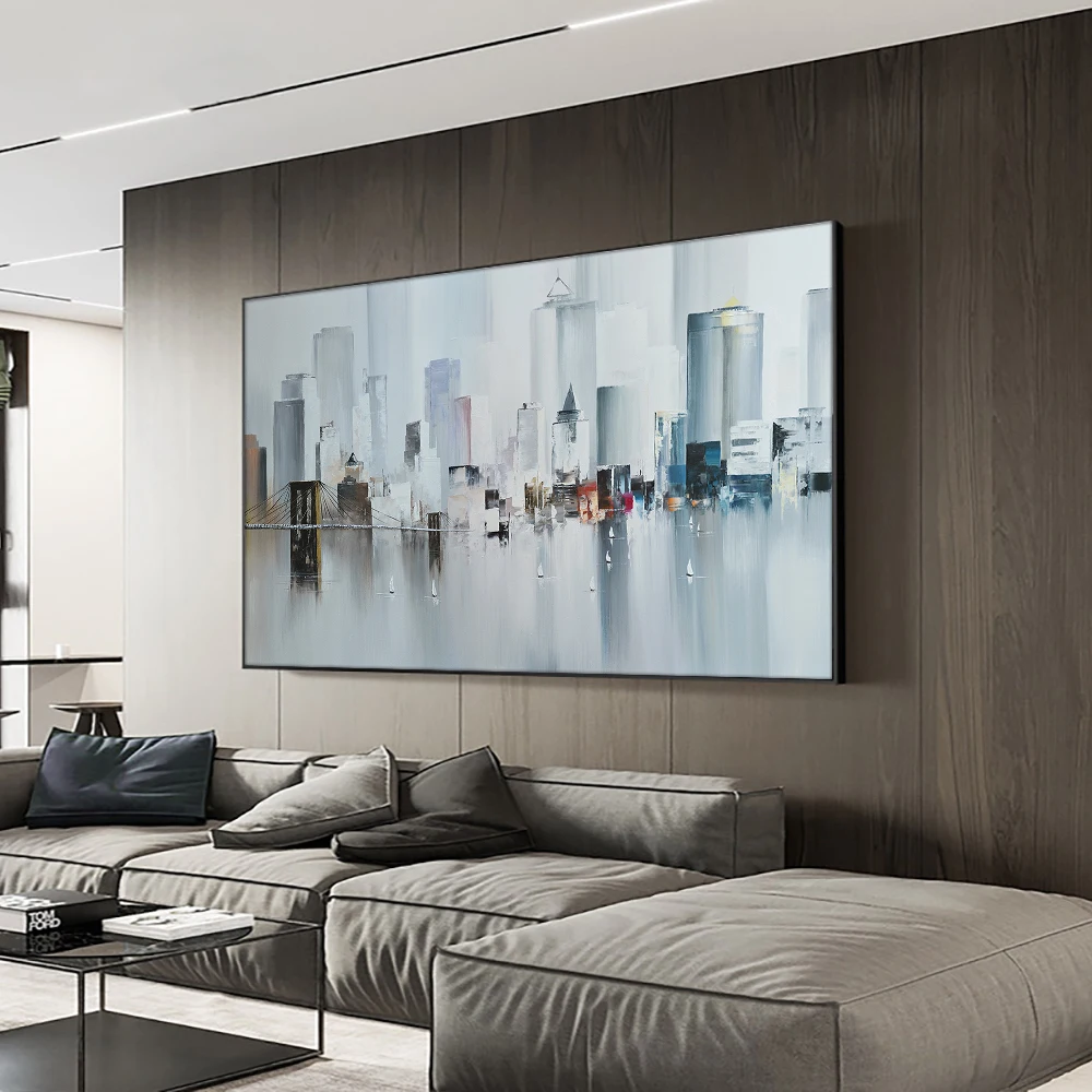 Абстрактные большие городские здания на реке с небольшими лодками 100% ручная