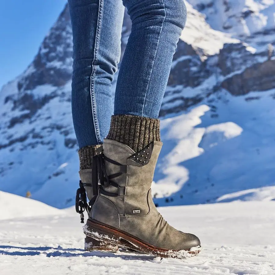 

New winter 2021 large medium size thick heel back strap women's leather boots