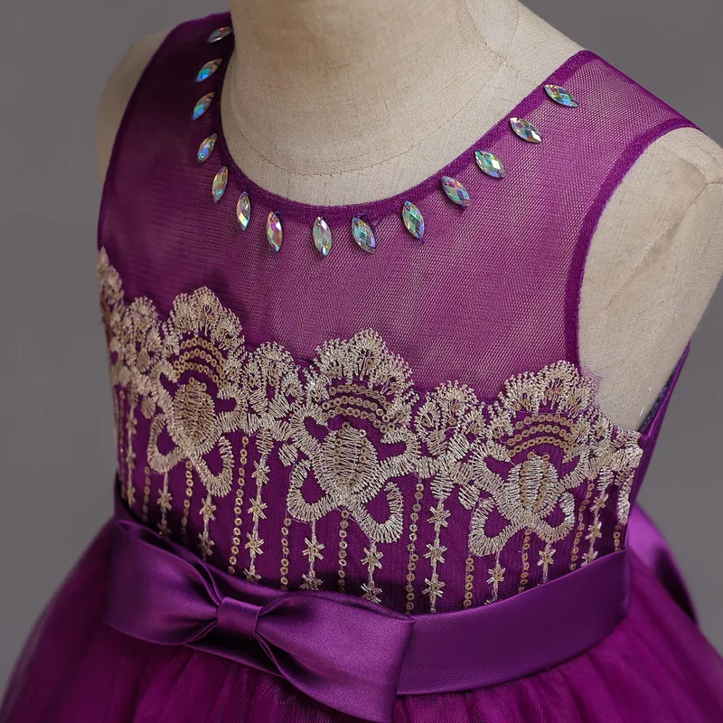 

Flower Girls Dress Sequined Bow Lace Tulle O-Neck Knee-Length Sleeveless Crystal Embroidery Purple Kids Party Princess Gown F158