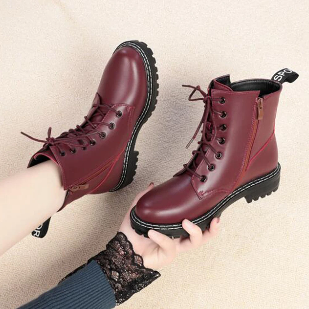 

Fashion Zipper winter Shoes for Women Platform Genuine Leather Boots Lace up Women Ankle Boots Large size botas de mujer ay131