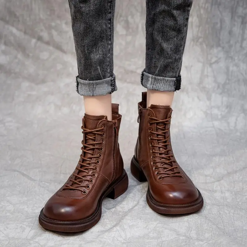 

Ankle Boots Women Genuine Leather Lace-Up Side Zipper Top Quality Autumn Winter Lady Platform Shoes Handmade Zapatos De Mujer