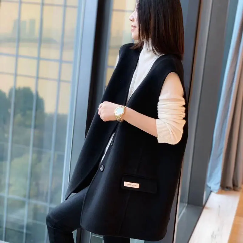 

European double sided cashmere vest vest vest 2020 autumn new mid long women's jacket jacket shoulder loose fit