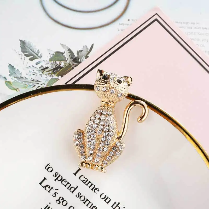 Animal Cat Alloy Brooches 47*33mm Gold Tone Plated Rhinestone Crystal Jewelry Garment Ornament Women Scarf Brooch Clip Pins 3pcs | Украшения