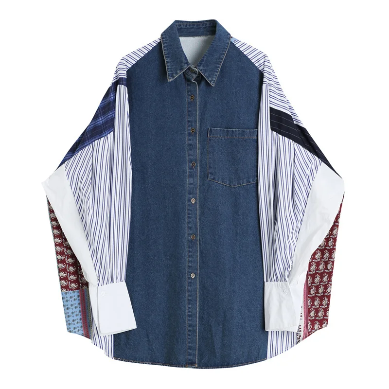 

2021Long sleeves loose stylish vintage sleeve for women, denim shirt with door print for women, autumn
